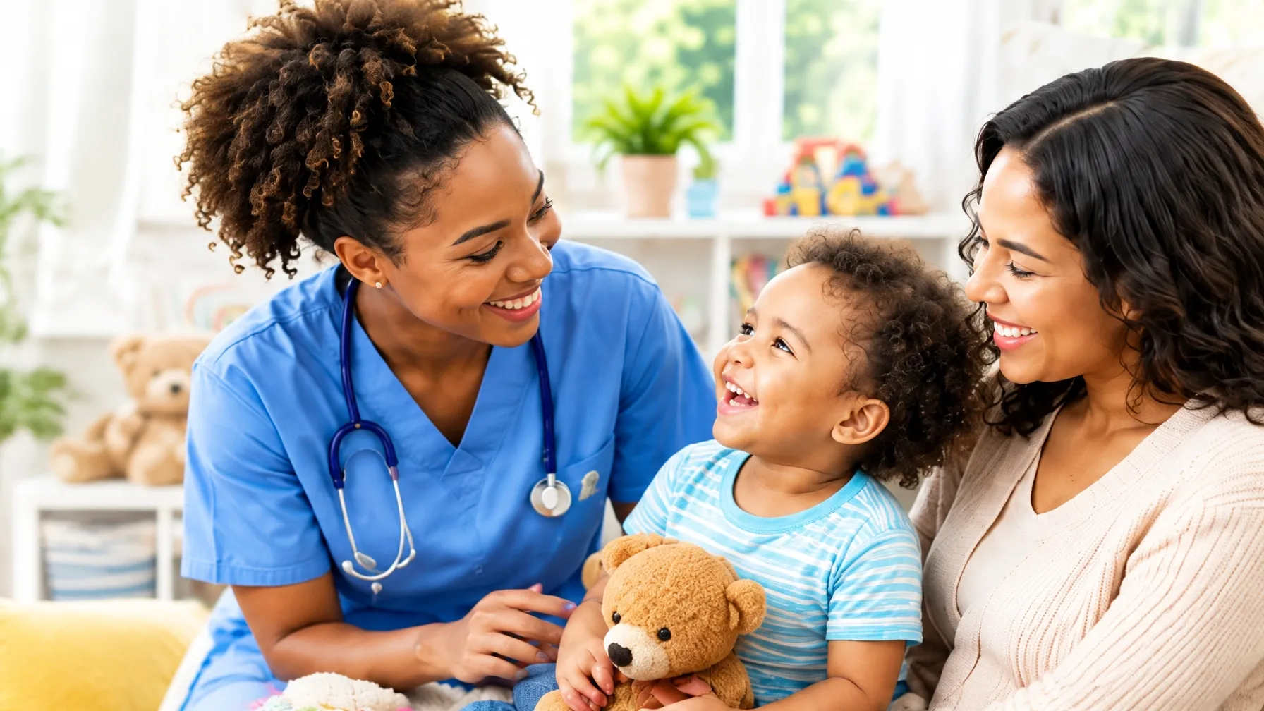 Pediatric nurse smiling with a child and parent in a bright home